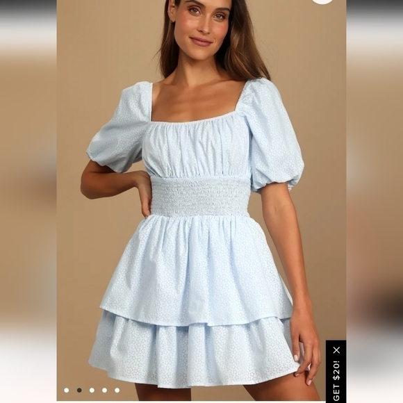 LULUS Tiers To Me Light Blue Puff Sleeve Tiered Skater Mini Dress, sz Large - Picture 3 of 15